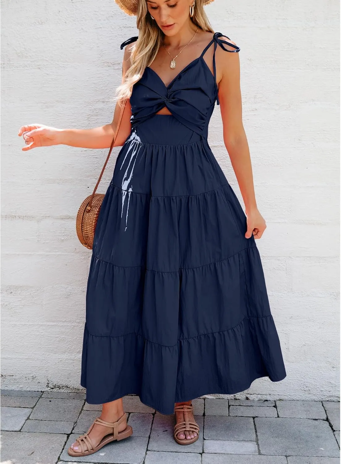 luvamia Long Flowy Dresses for Women Tiered Cut Out Midi Dress Self Tied Spaghetti Strap Summer Vacation Dinner Outfit