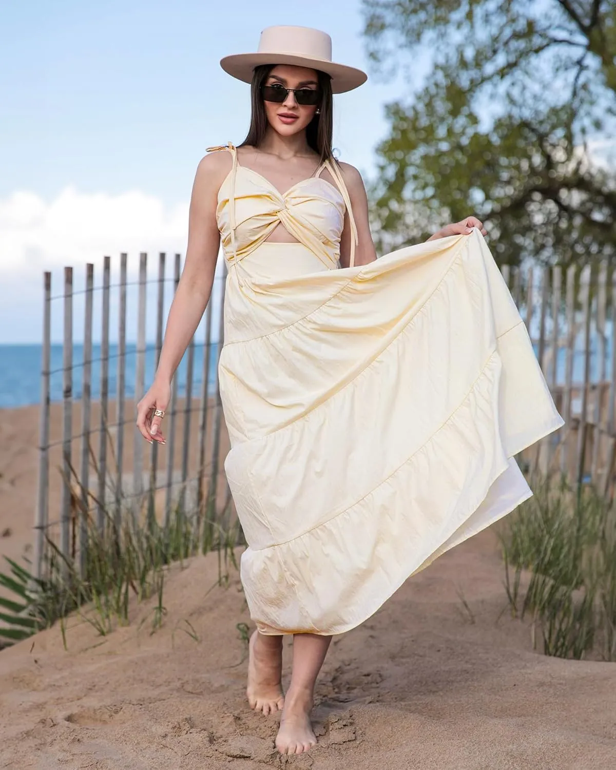 luvamia Long Flowy Dresses for Women Tiered Cut Out Midi Dress Self Tied Spaghetti Strap Summer Vacation Dinner Outfit