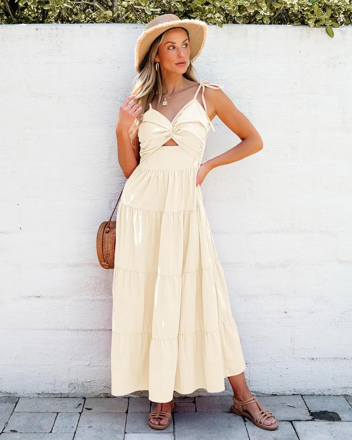 luvamia Long Flowy Dresses for Women Tiered Cut Out Midi Dress Self Tied Spaghetti Strap Summer Vacation Dinner Outfit