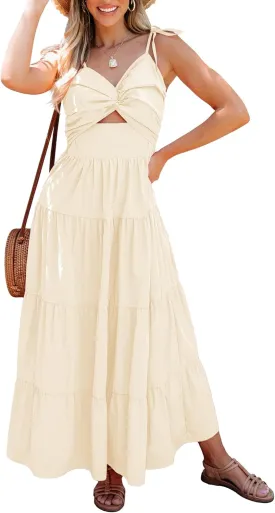 luvamia Long Flowy Dresses for Women Tiered Cut Out Midi Dress Self Tied Spaghetti Strap Summer Vacation Dinner Outfit