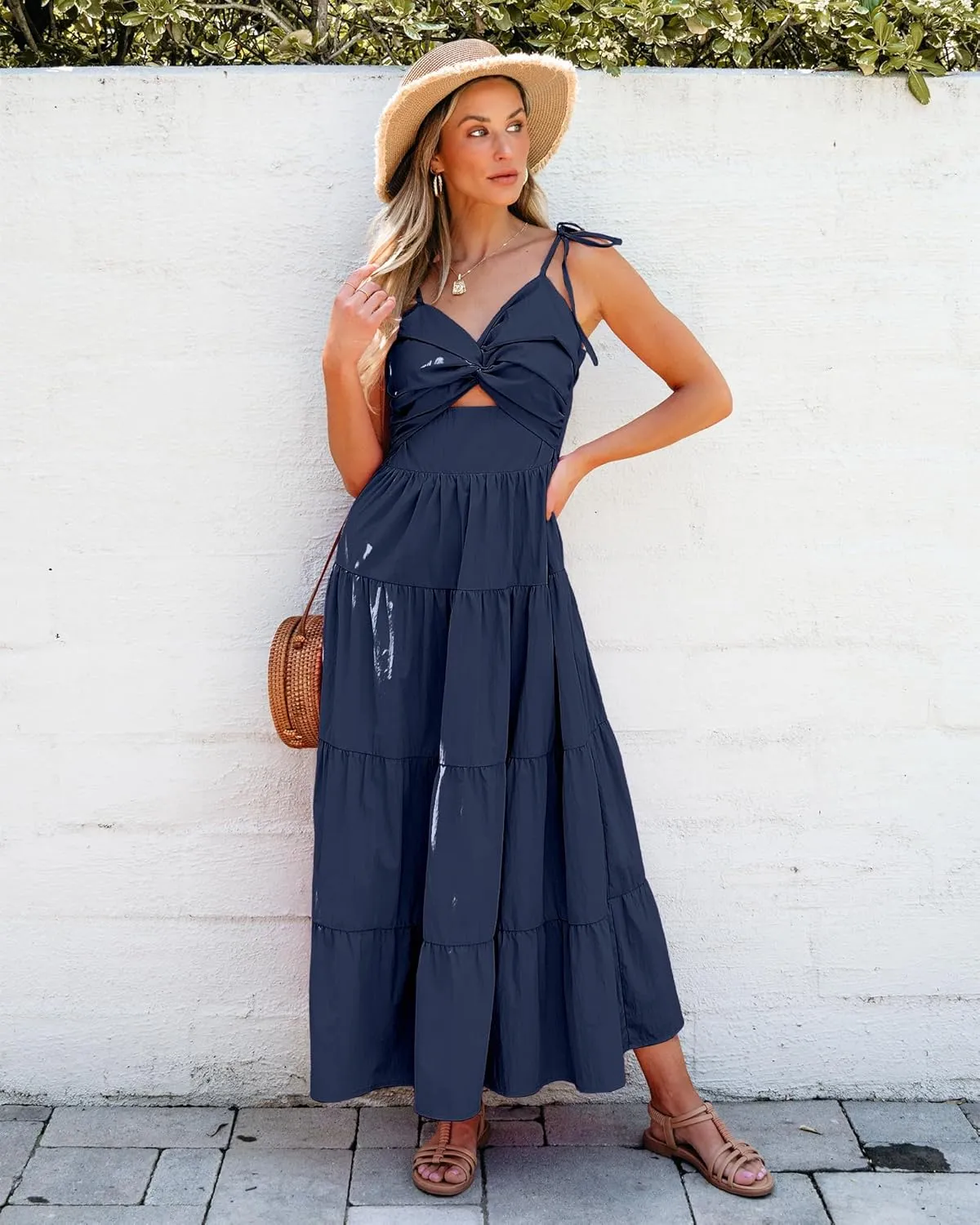 luvamia Long Flowy Dresses for Women Tiered Cut Out Midi Dress Self Tied Spaghetti Strap Summer Vacation Dinner Outfit