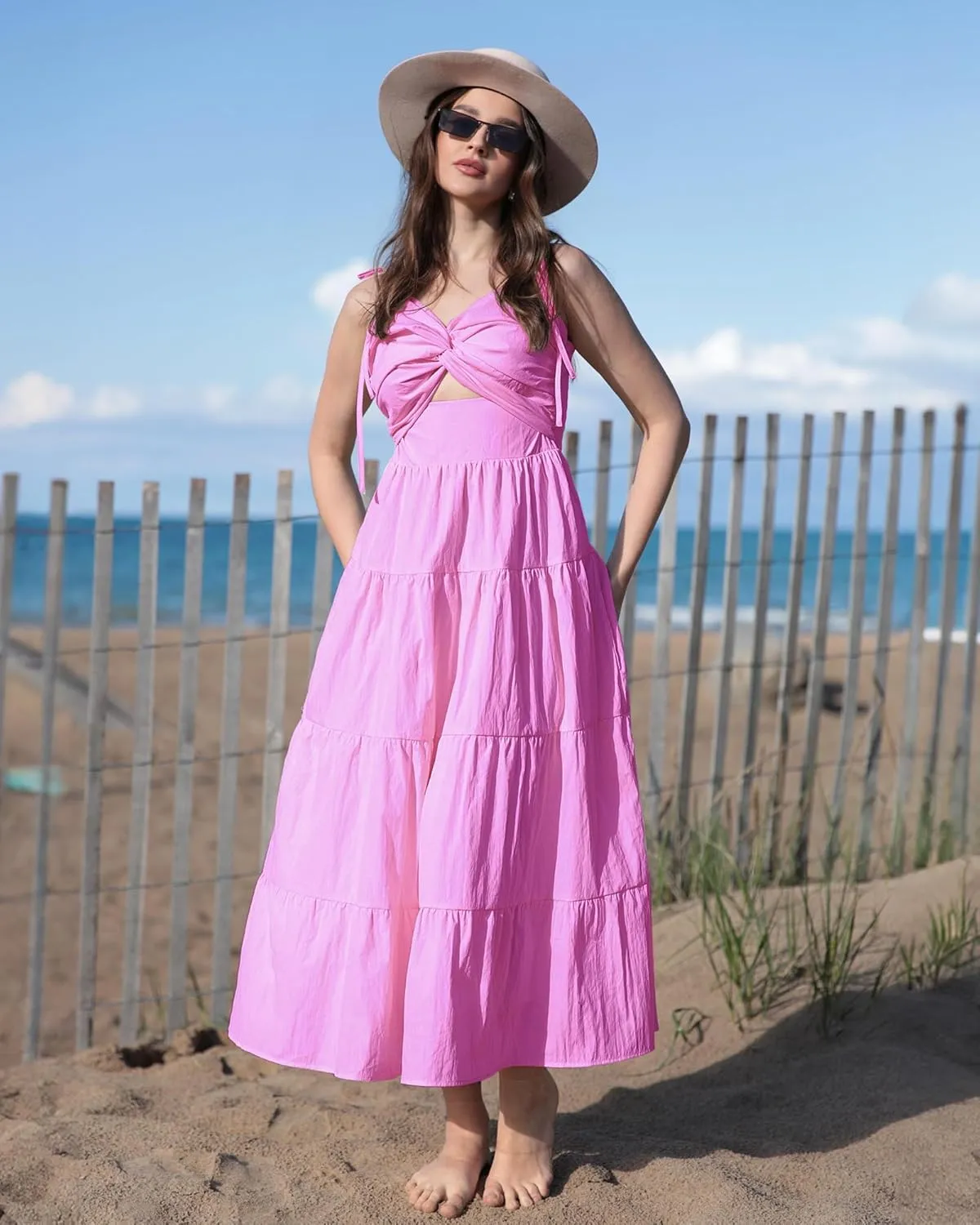 luvamia Long Flowy Dresses for Women Tiered Cut Out Midi Dress Self Tied Spaghetti Strap Summer Vacation Dinner Outfit