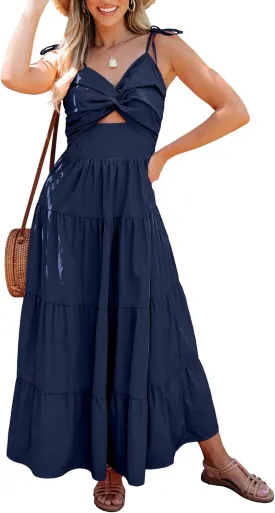 luvamia Long Flowy Dresses for Women Tiered Cut Out Midi Dress Self Tied Spaghetti Strap Summer Vacation Dinner Outfit