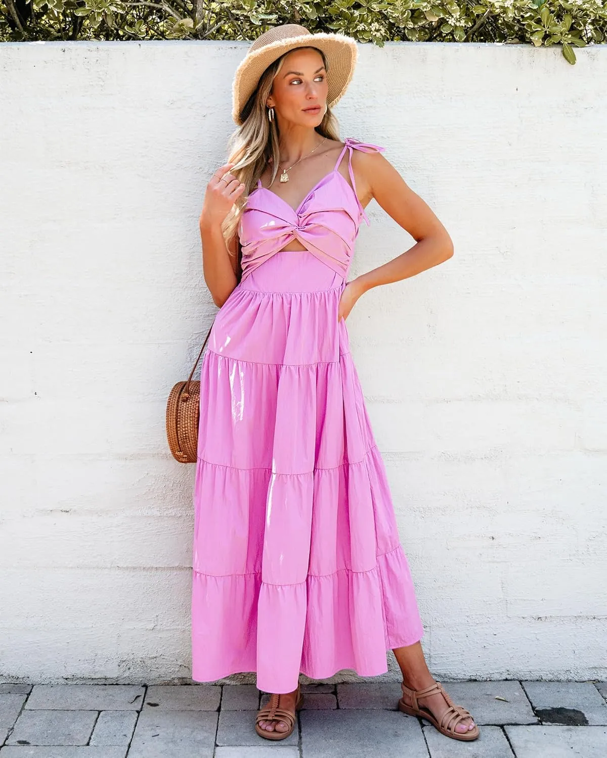 luvamia Long Flowy Dresses for Women Tiered Cut Out Midi Dress Self Tied Spaghetti Strap Summer Vacation Dinner Outfit