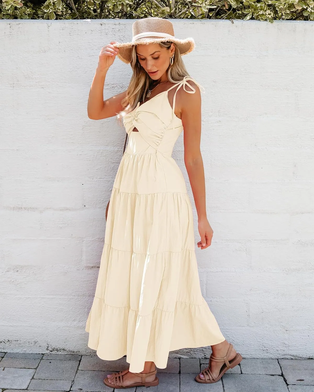 luvamia Long Flowy Dresses for Women Tiered Cut Out Midi Dress Self Tied Spaghetti Strap Summer Vacation Dinner Outfit