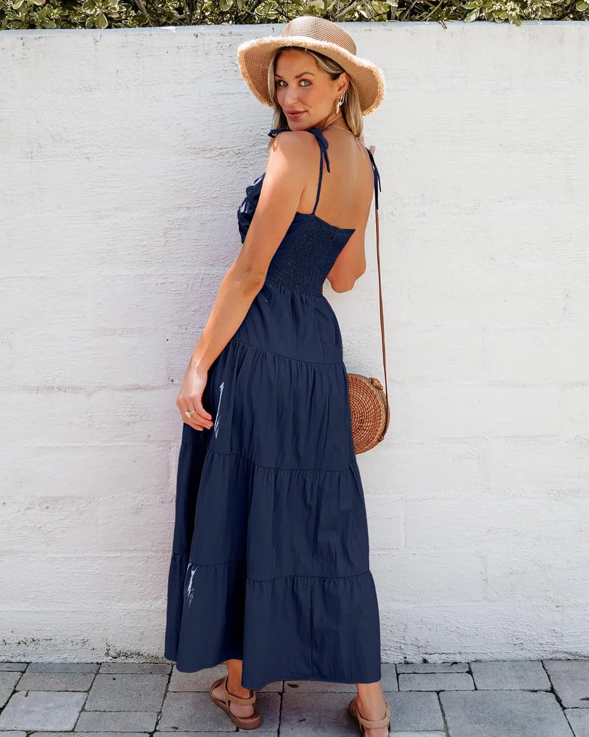 luvamia Long Flowy Dresses for Women Tiered Cut Out Midi Dress Self Tied Spaghetti Strap Summer Vacation Dinner Outfit