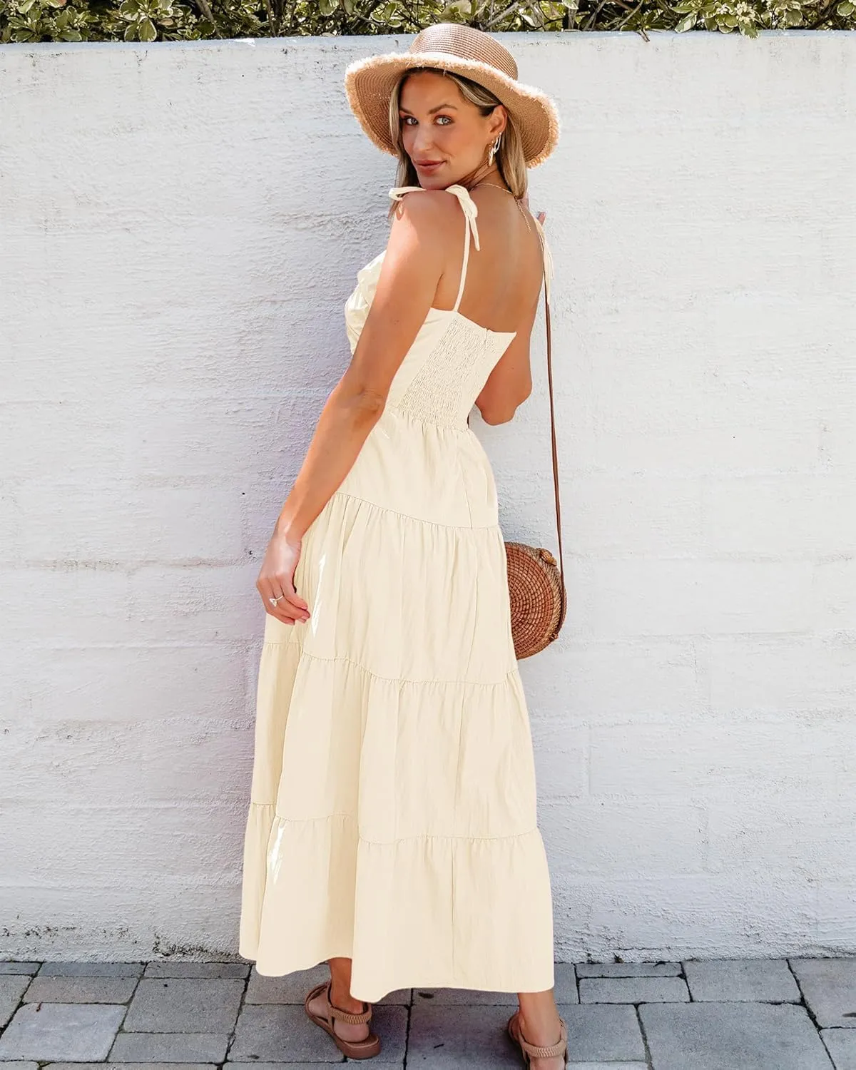 luvamia Long Flowy Dresses for Women Tiered Cut Out Midi Dress Self Tied Spaghetti Strap Summer Vacation Dinner Outfit