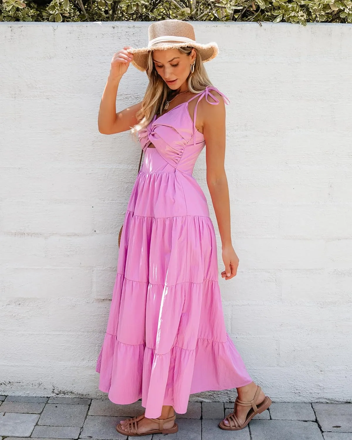 luvamia Long Flowy Dresses for Women Tiered Cut Out Midi Dress Self Tied Spaghetti Strap Summer Vacation Dinner Outfit