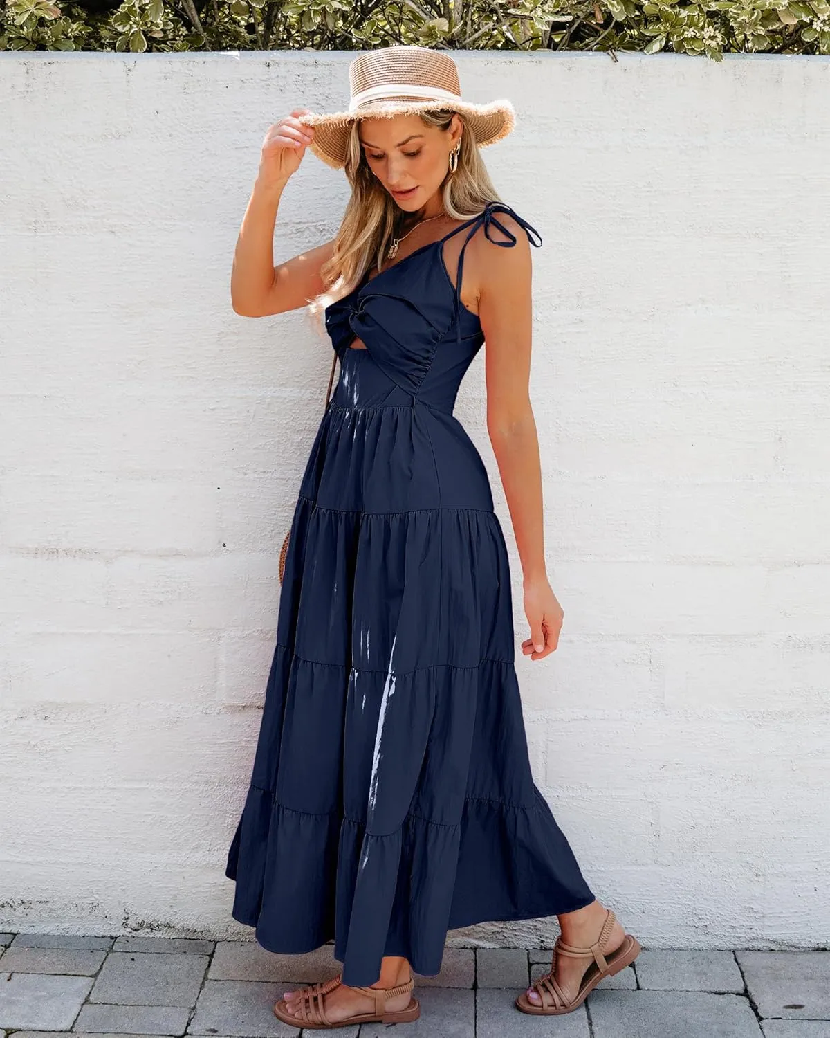 luvamia Long Flowy Dresses for Women Tiered Cut Out Midi Dress Self Tied Spaghetti Strap Summer Vacation Dinner Outfit