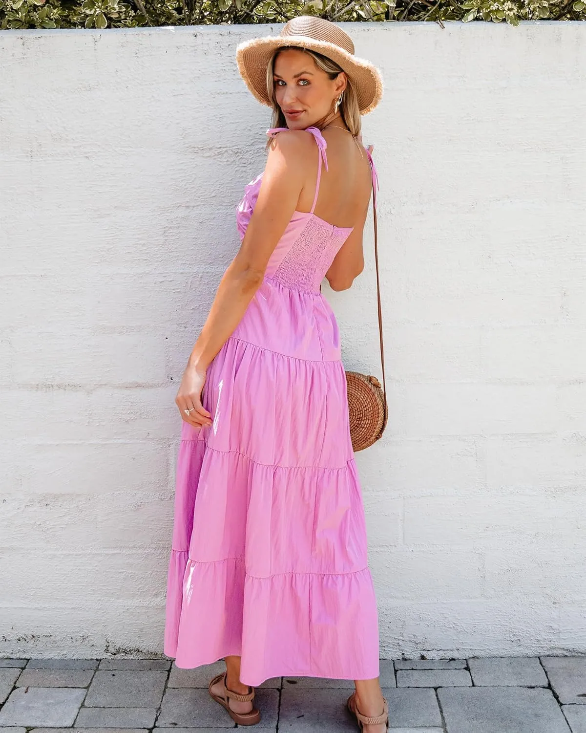 luvamia Long Flowy Dresses for Women Tiered Cut Out Midi Dress Self Tied Spaghetti Strap Summer Vacation Dinner Outfit