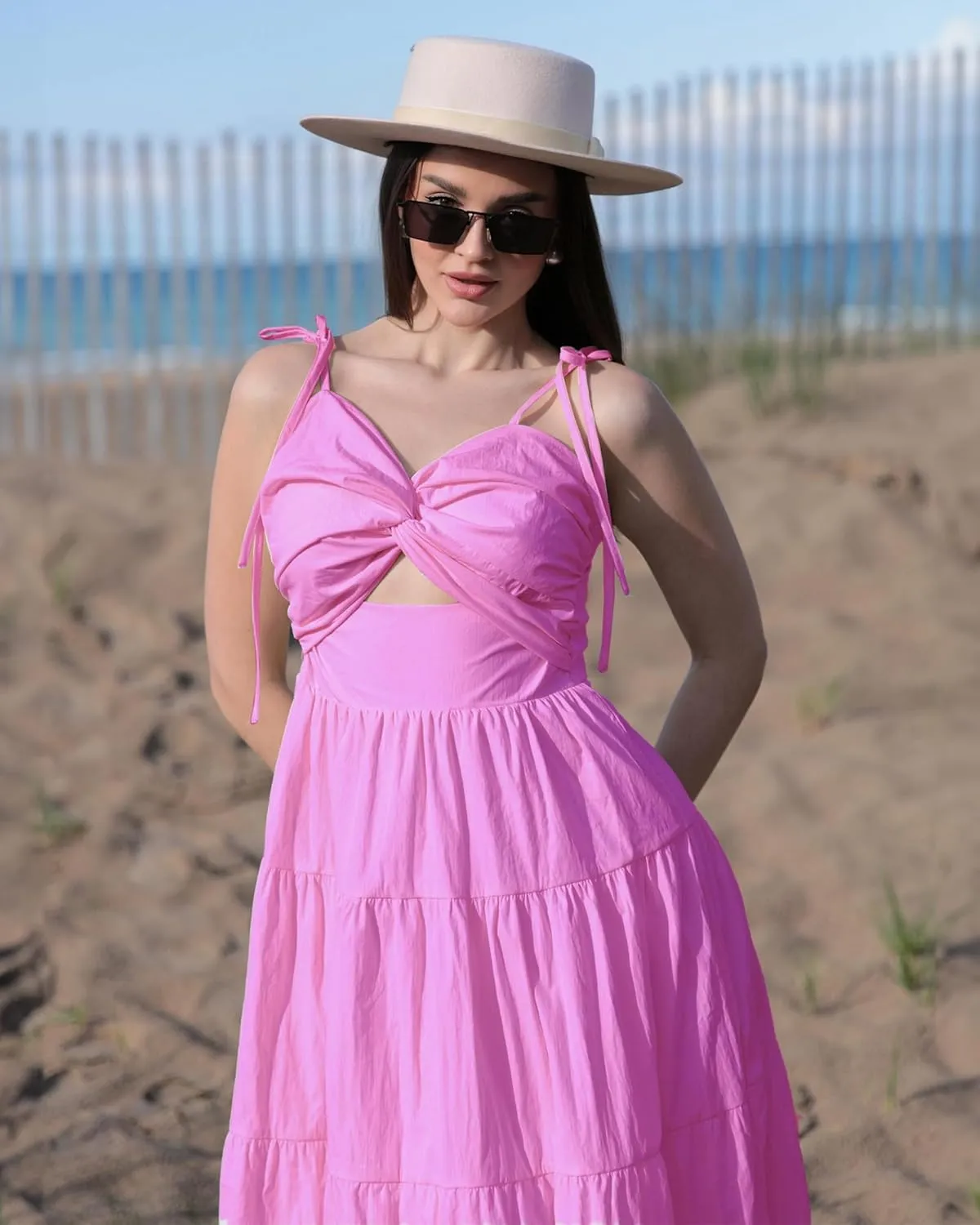 luvamia Long Flowy Dresses for Women Tiered Cut Out Midi Dress Self Tied Spaghetti Strap Summer Vacation Dinner Outfit