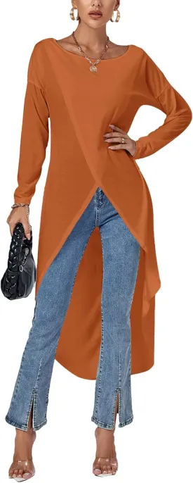 LYANER Women's High Low Hem Split Wrap Front Long Sleeve Tunic Long Shirt Blouse Top