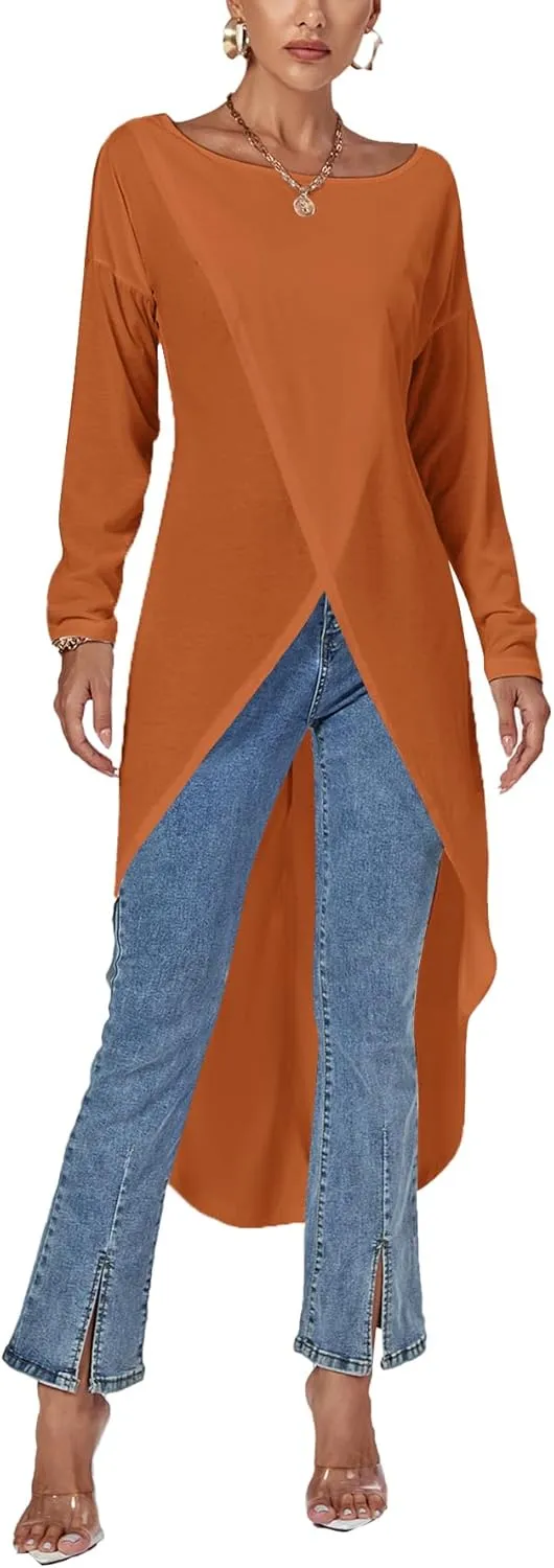 LYANER Women's High Low Hem Split Wrap Front Long Sleeve Tunic Long Shirt Blouse Top