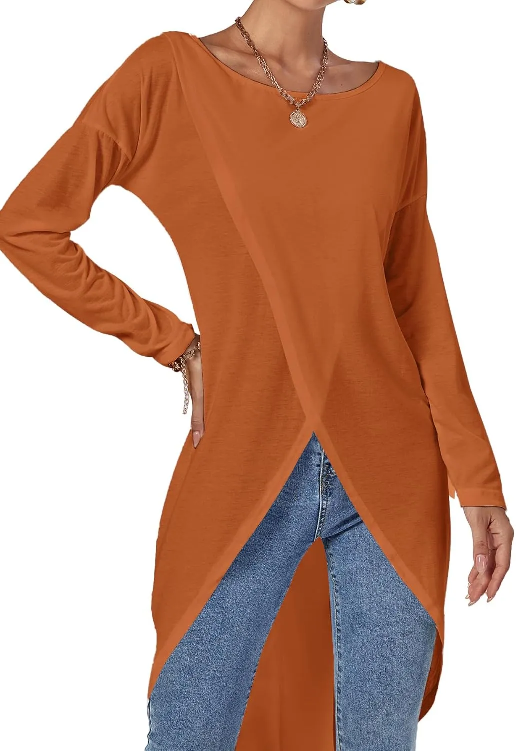 LYANER Women's High Low Hem Split Wrap Front Long Sleeve Tunic Long Shirt Blouse Top