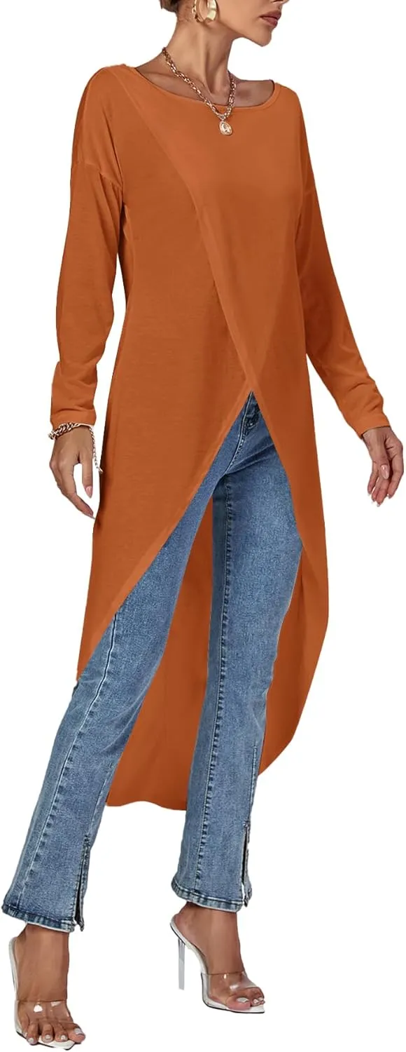 LYANER Women's High Low Hem Split Wrap Front Long Sleeve Tunic Long Shirt Blouse Top