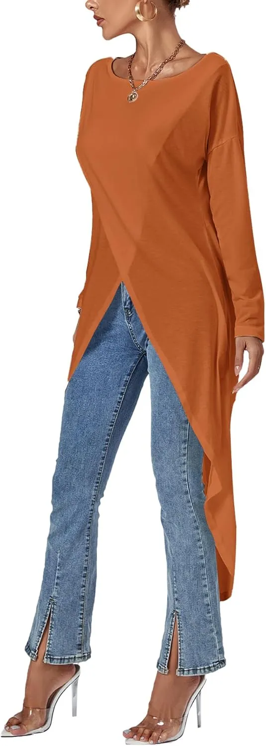 LYANER Women's High Low Hem Split Wrap Front Long Sleeve Tunic Long Shirt Blouse Top
