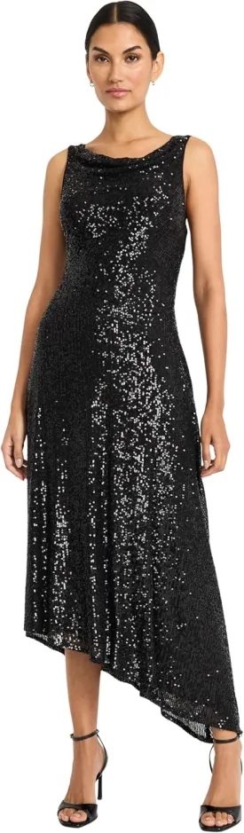 Maggy London Women's Elegant Sequin Asymmetrical Hem Midi Cocktail-Sleeveless High Neck Evening Formal Dress