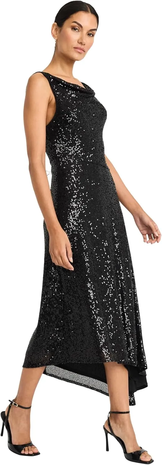 Maggy London Women's Elegant Sequin Asymmetrical Hem Midi Cocktail-Sleeveless High Neck Evening Formal Dress