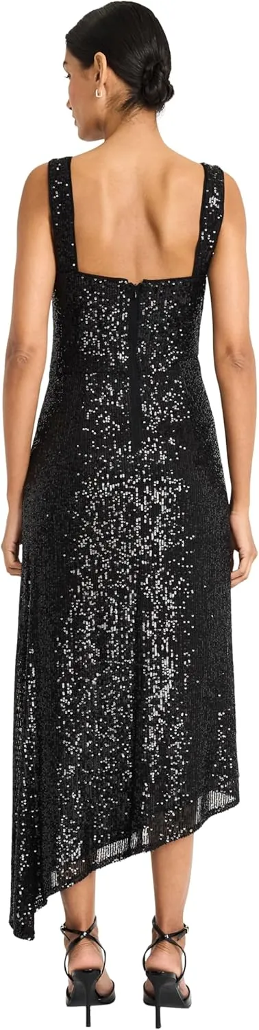 Maggy London Women's Elegant Sequin Asymmetrical Hem Midi Cocktail-Sleeveless High Neck Evening Formal Dress