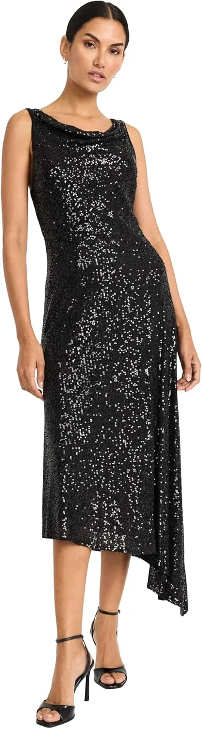 Maggy London Women's Elegant Sequin Asymmetrical Hem Midi Cocktail-Sleeveless High Neck Evening Formal Dress