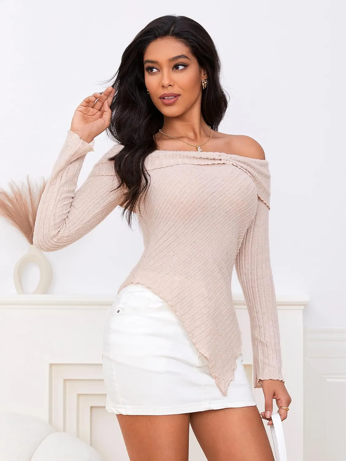 MakeMeChic Women's Off Shoulder Lettuce Trim Long Sleeve Asymmetrical Hem Ribbed Tee T-Shirt Tops