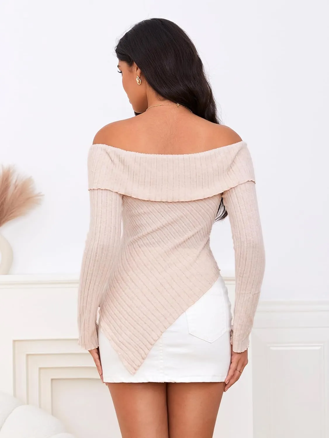 MakeMeChic Women's Off Shoulder Lettuce Trim Long Sleeve Asymmetrical Hem Ribbed Tee T-Shirt Tops