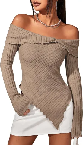 MakeMeChic Women's Off Shoulder Lettuce Trim Long Sleeve Asymmetrical Hem Ribbed Tee T-Shirt Tops