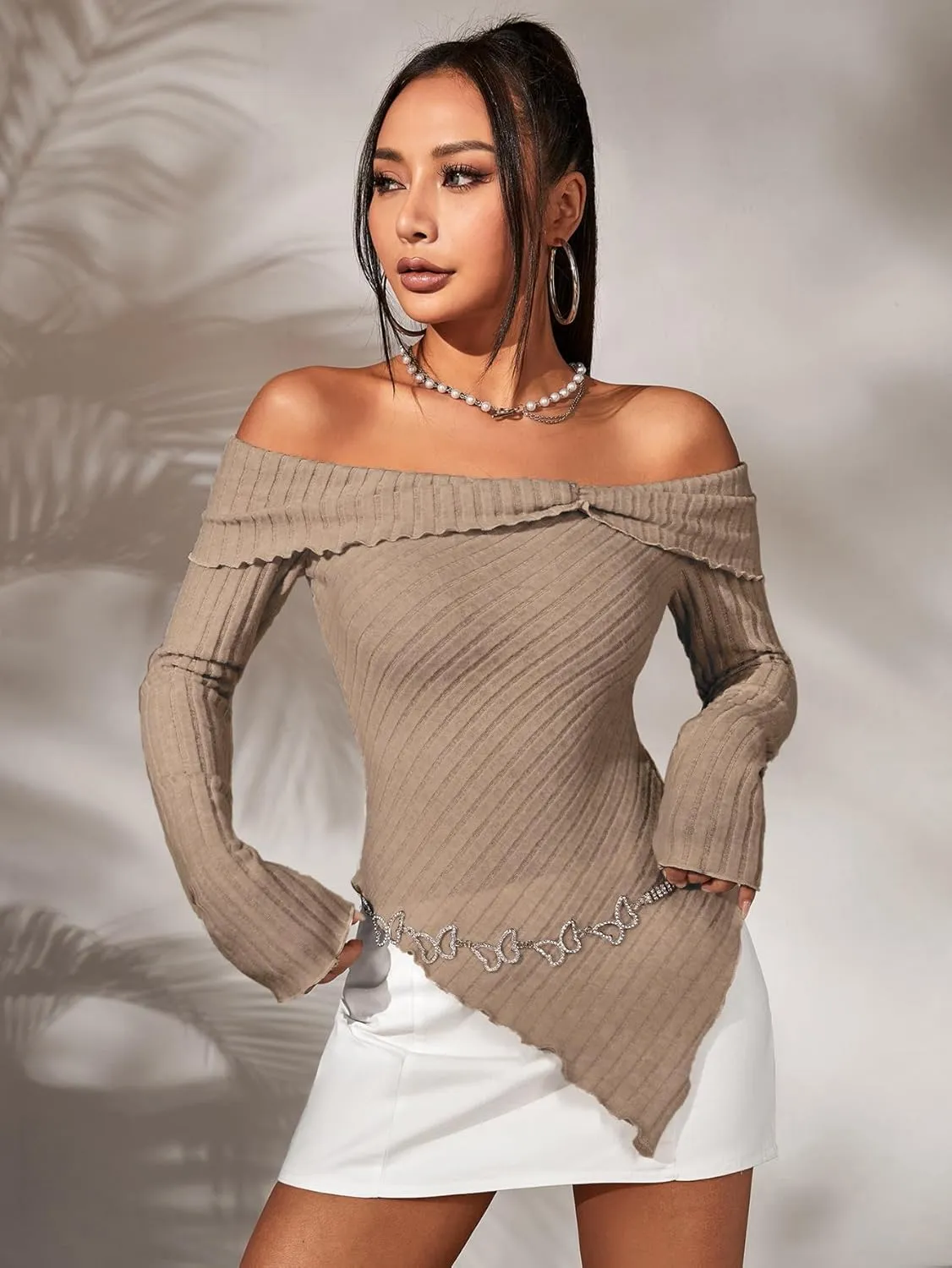 MakeMeChic Women's Off Shoulder Lettuce Trim Long Sleeve Asymmetrical Hem Ribbed Tee T-Shirt Tops