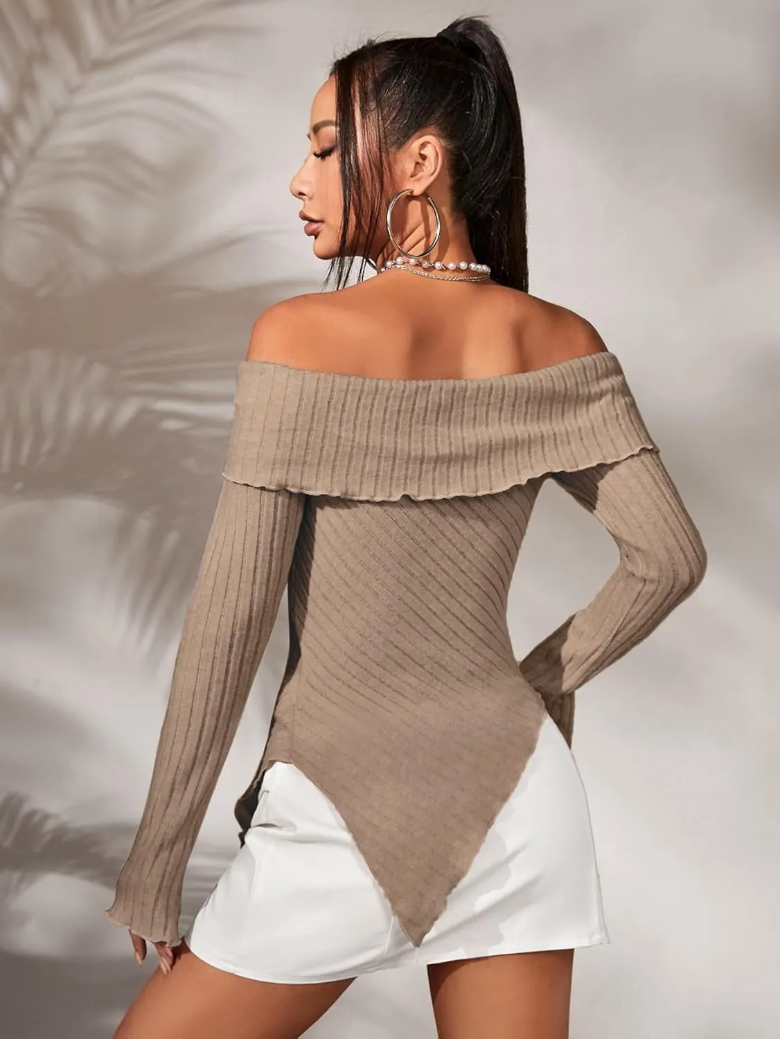 MakeMeChic Women's Off Shoulder Lettuce Trim Long Sleeve Asymmetrical Hem Ribbed Tee T-Shirt Tops