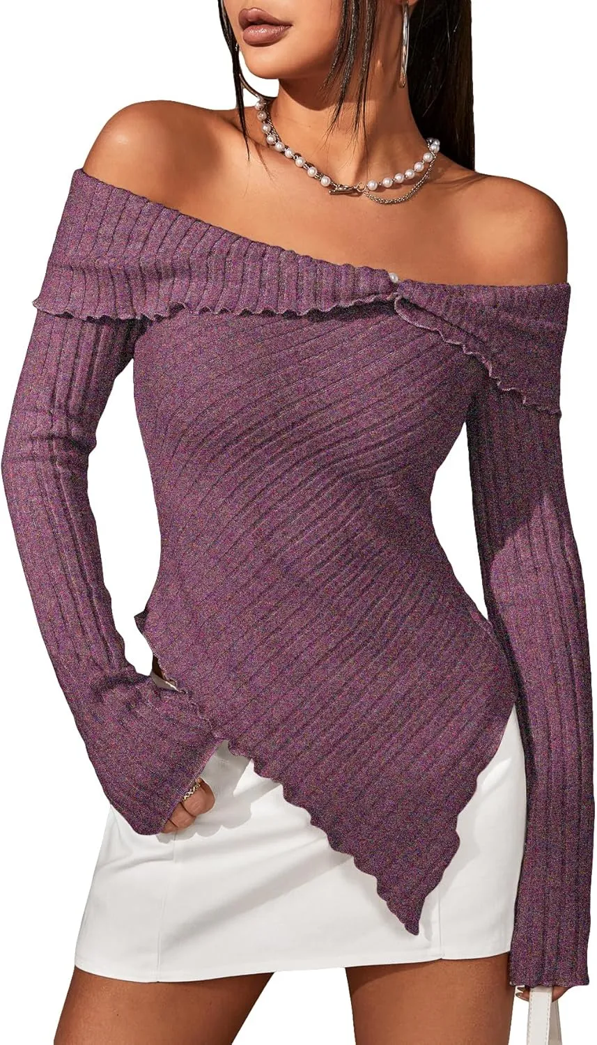 MakeMeChic Women's Off Shoulder Lettuce Trim Long Sleeve Asymmetrical Hem Ribbed Tee T-Shirt Tops