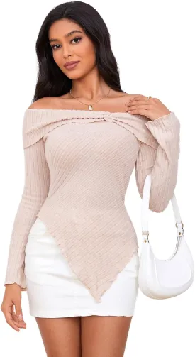 MakeMeChic Women's Off Shoulder Lettuce Trim Long Sleeve Asymmetrical Hem Ribbed Tee T-Shirt Tops