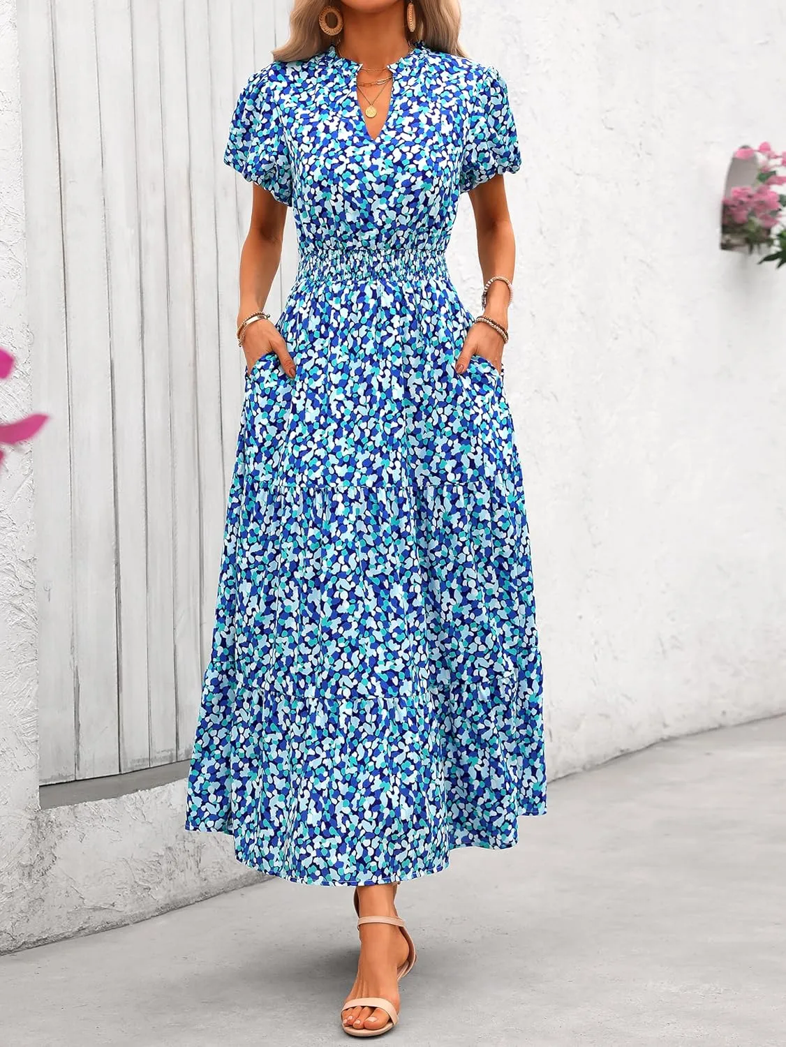 MASCOMODA Summer Maxi Dresses for Women 2025 Casual V Neck Puff Short Sleeve Smocked Flowy Beach Boho Long Floral Dress