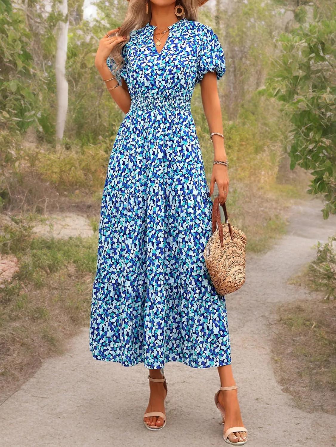 MASCOMODA Summer Maxi Dresses for Women 2025 Casual V Neck Puff Short Sleeve Smocked Flowy Beach Boho Long Floral Dress