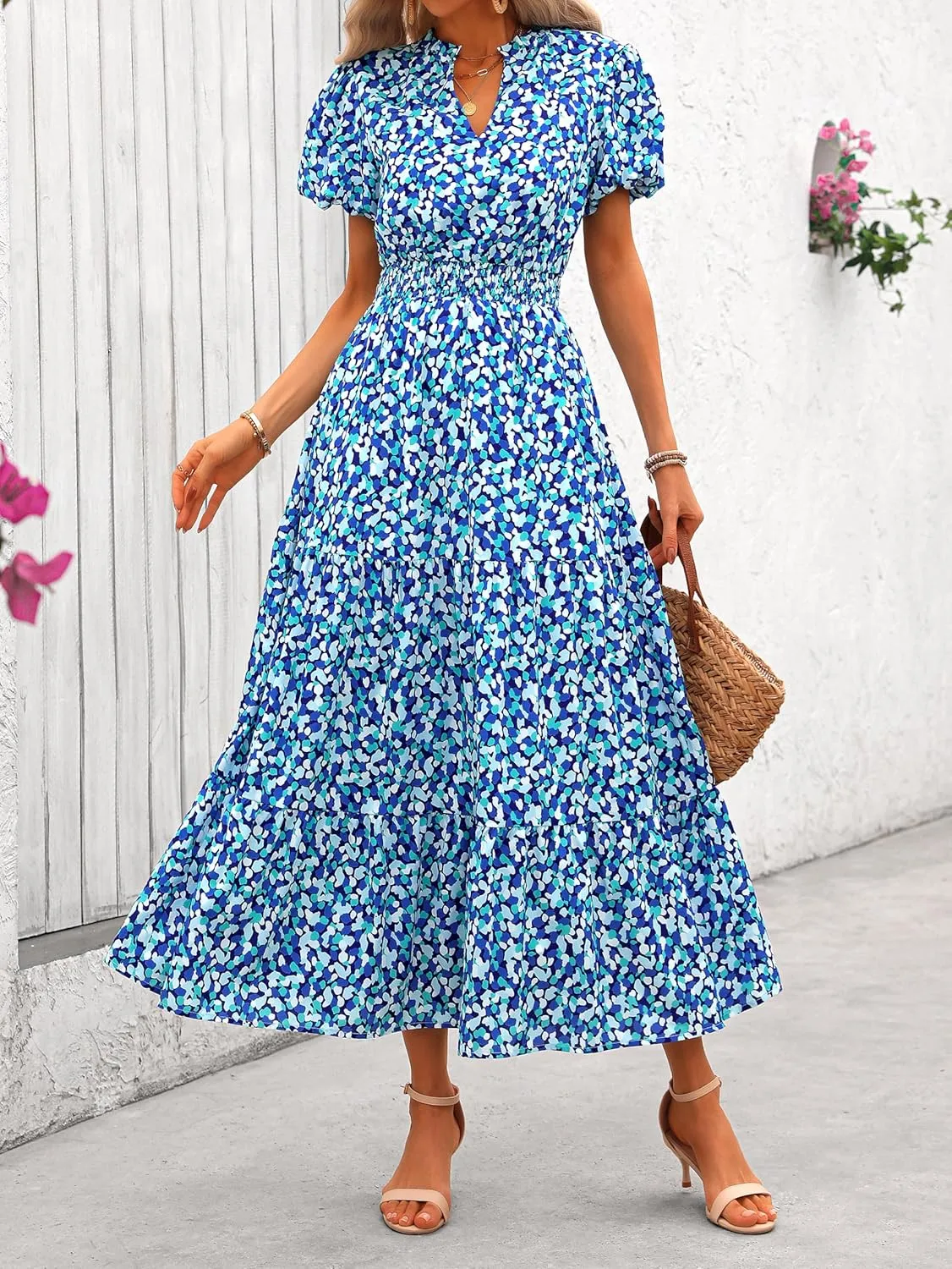 MASCOMODA Summer Maxi Dresses for Women 2025 Casual V Neck Puff Short Sleeve Smocked Flowy Beach Boho Long Floral Dress