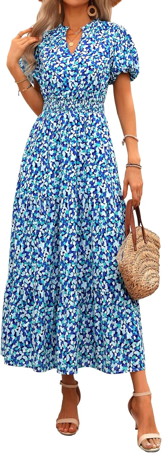 MASCOMODA Summer Maxi Dresses for Women 2025 Casual V Neck Puff Short Sleeve Smocked Flowy Beach Boho Long Floral Dress