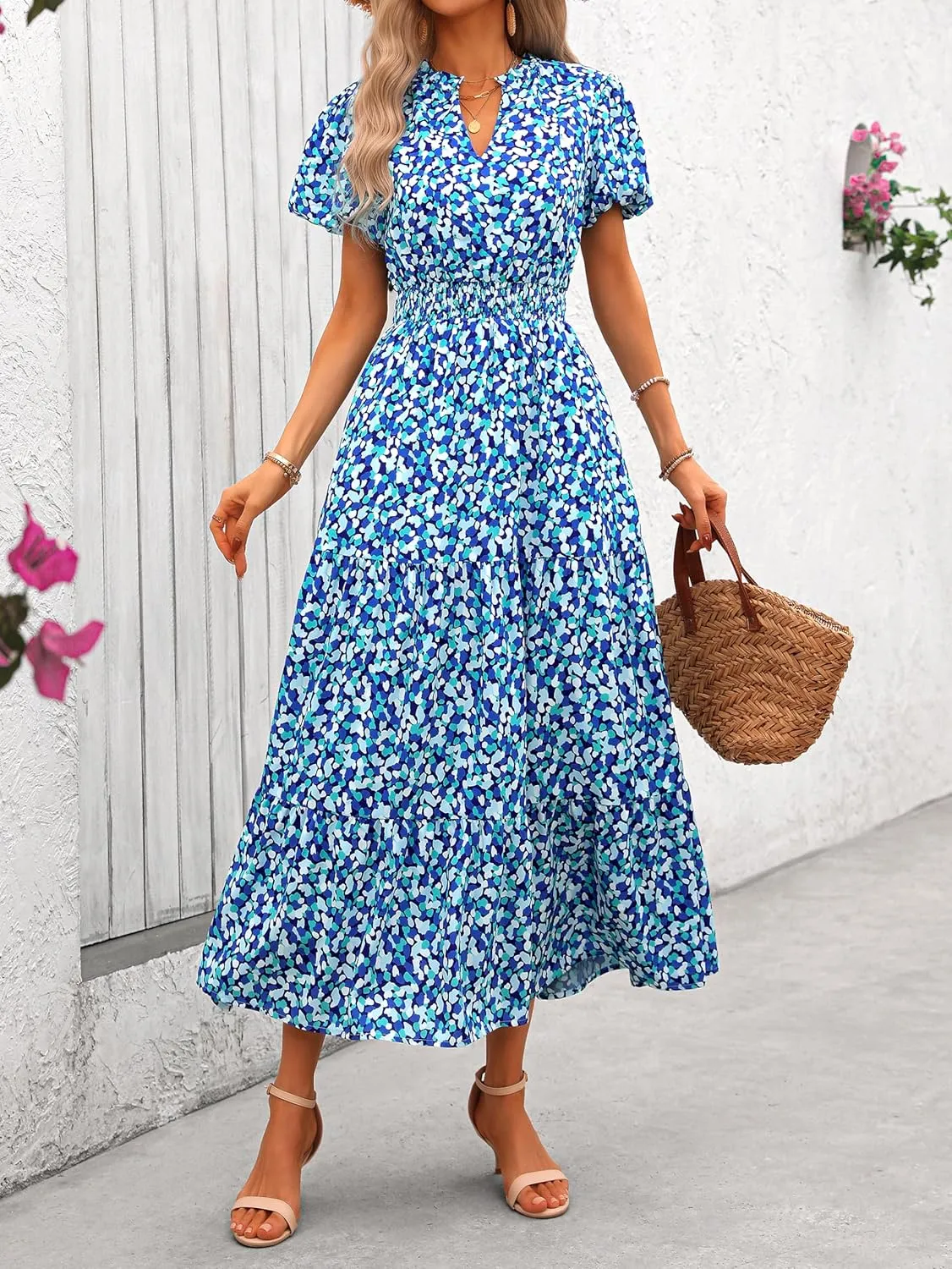 MASCOMODA Summer Maxi Dresses for Women 2025 Casual V Neck Puff Short Sleeve Smocked Flowy Beach Boho Long Floral Dress