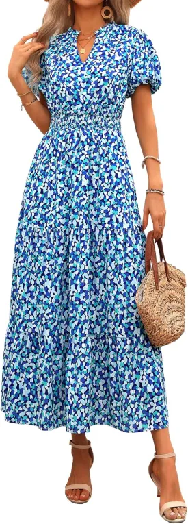 MASCOMODA Summer Maxi Dresses for Women 2025 Casual V Neck Puff Short Sleeve Smocked Flowy Beach Boho Long Floral Dress