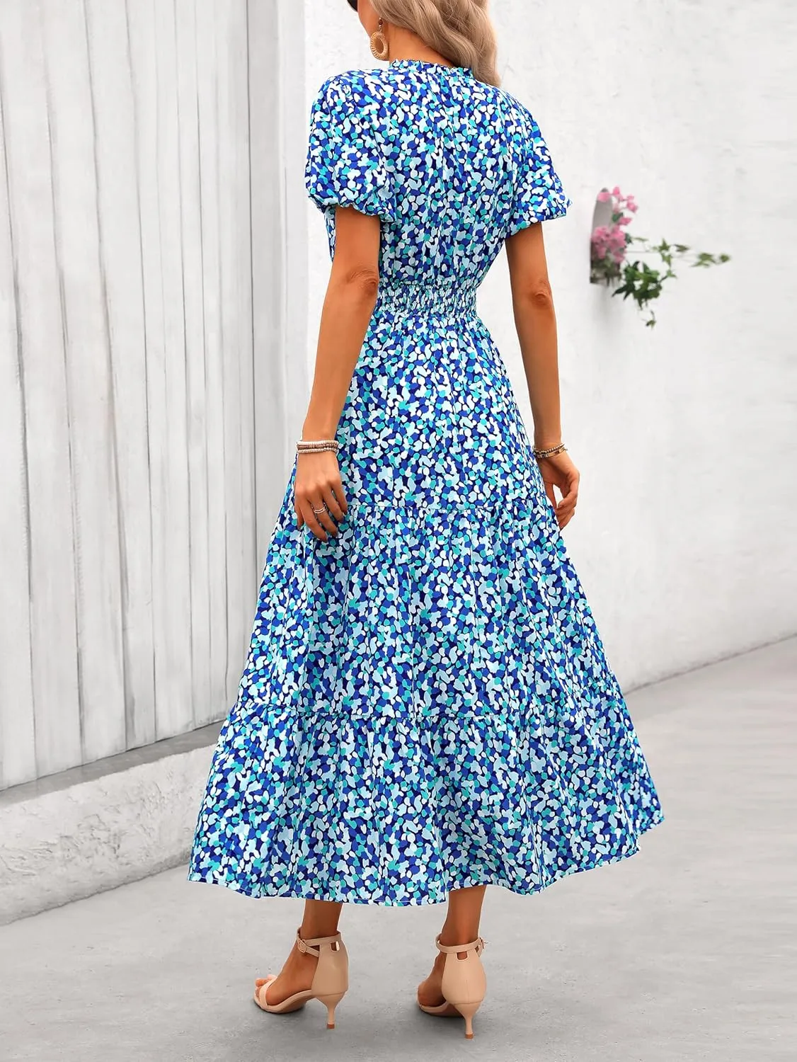 MASCOMODA Summer Maxi Dresses for Women 2025 Casual V Neck Puff Short Sleeve Smocked Flowy Beach Boho Long Floral Dress