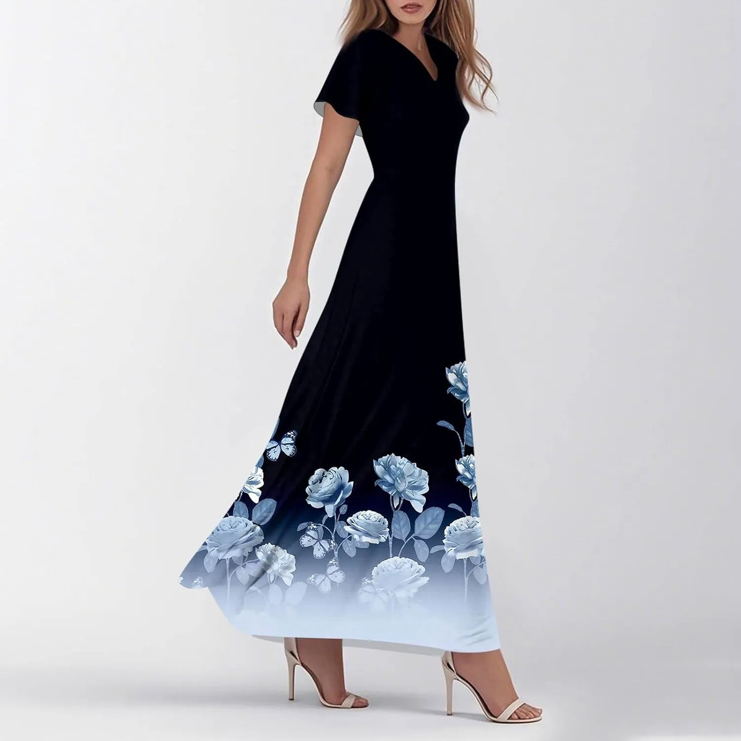 Maxi Dresses for Women,2025 Summer Elegant V Neck Short Sleeve Floral Beach Dress,Flowy Ruched Boho Vacation Dress