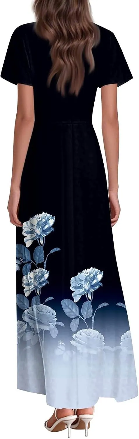 Maxi Dresses for Women,2025 Summer Elegant V Neck Short Sleeve Floral Beach Dress,Flowy Ruched Boho Vacation Dress