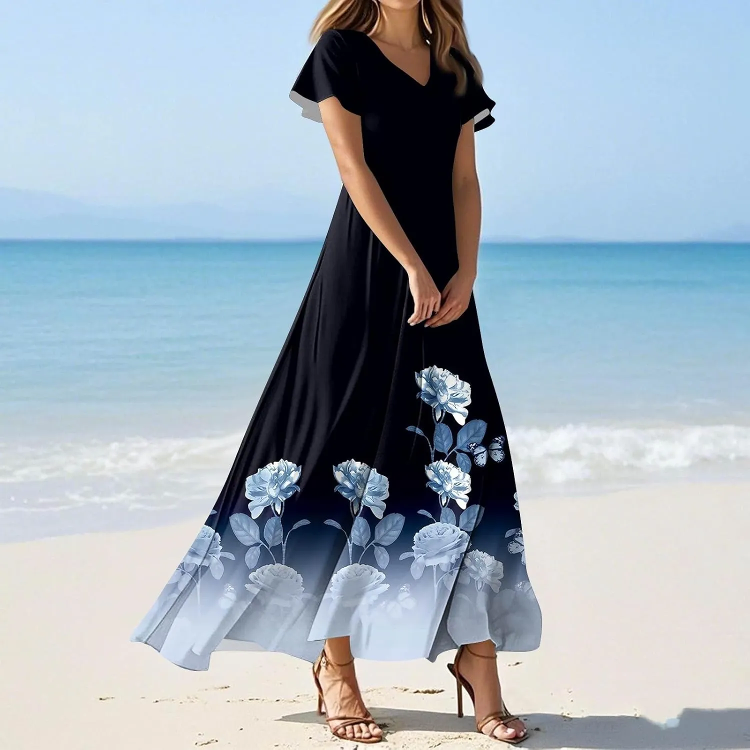 Maxi Dresses for Women,2025 Summer Elegant V Neck Short Sleeve Floral Beach Dress,Flowy Ruched Boho Vacation Dress