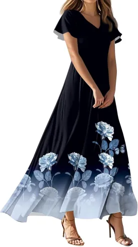 Maxi Dresses for Women,2025 Summer Elegant V Neck Short Sleeve Floral Beach Dress,Flowy Ruched Boho Vacation Dress