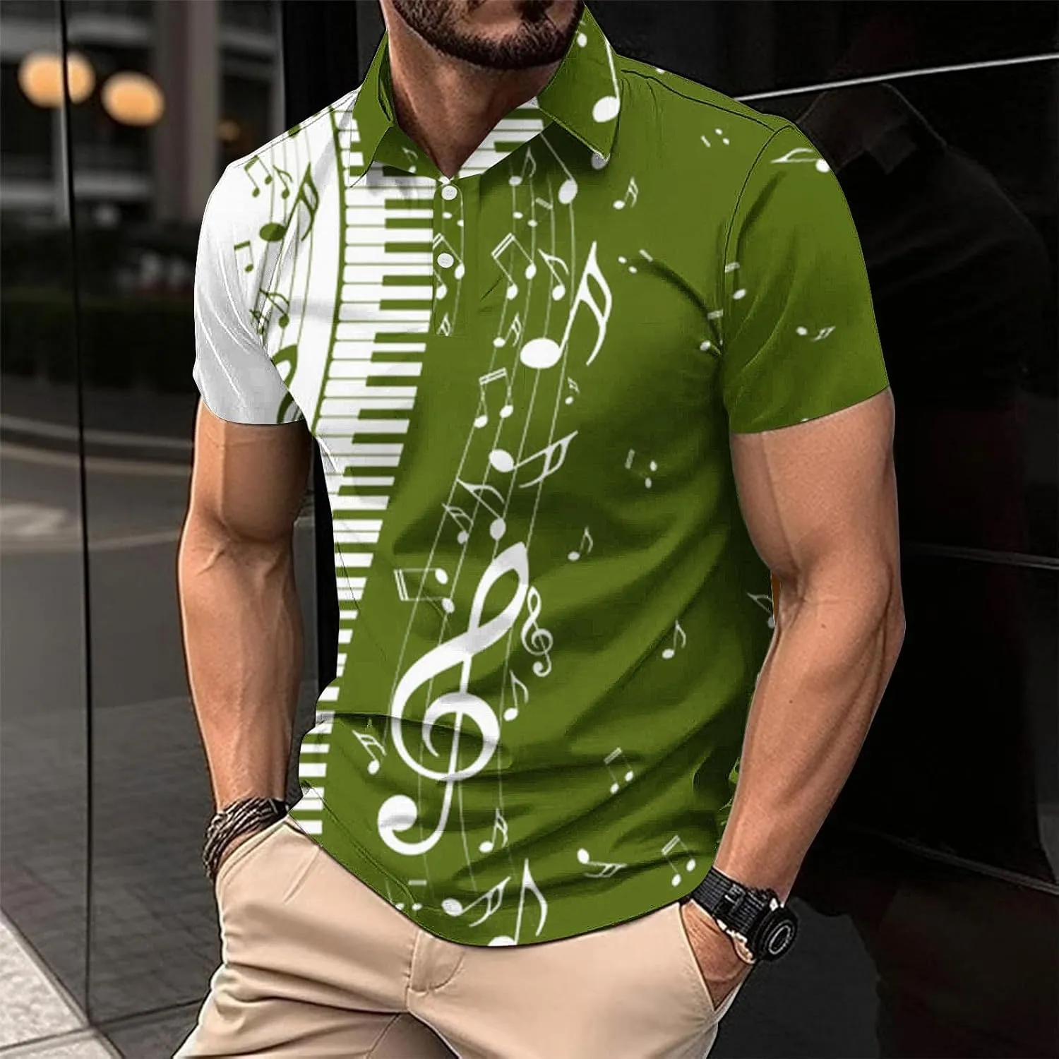 Men Short Sleeve Button Polo Shirts Stylish Casual Piano Music Printed Golf T-Shirt Summer Casual Music Festival Tops