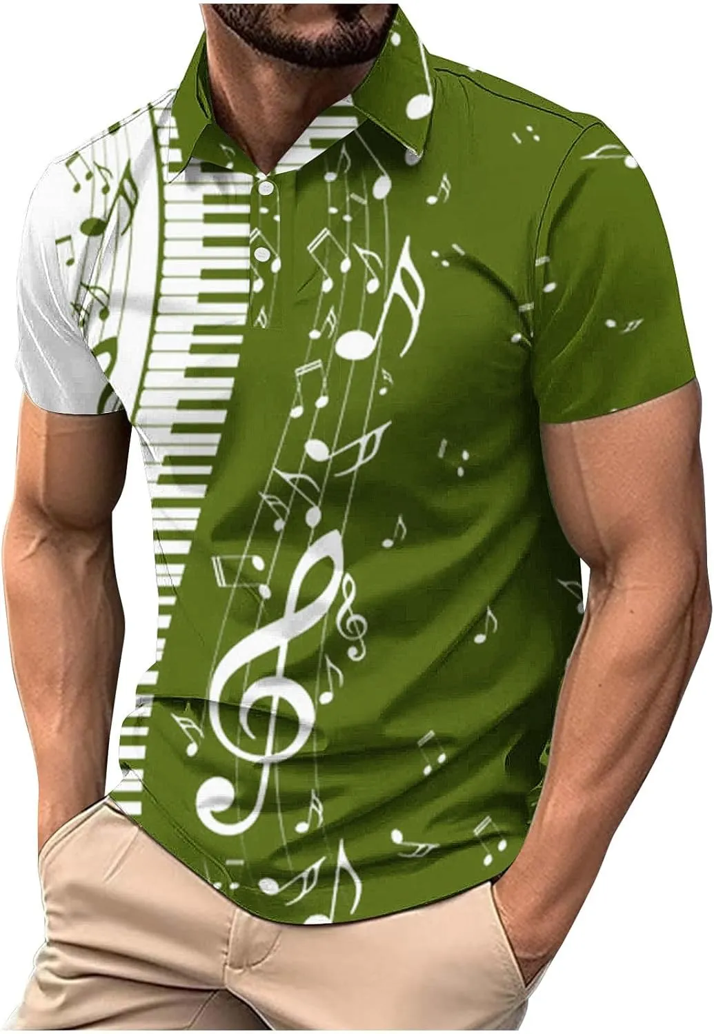 Men Short Sleeve Button Polo Shirts Stylish Casual Piano Music Printed Golf T-Shirt Summer Casual Music Festival Tops