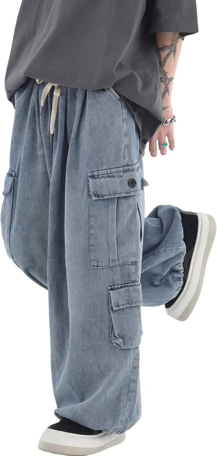 Mens Baggy Jeans Y2K Hip Hop Cargo Pants Harajuku Wide Leg Demin Joggers Emo Alt Streetwear Jeans