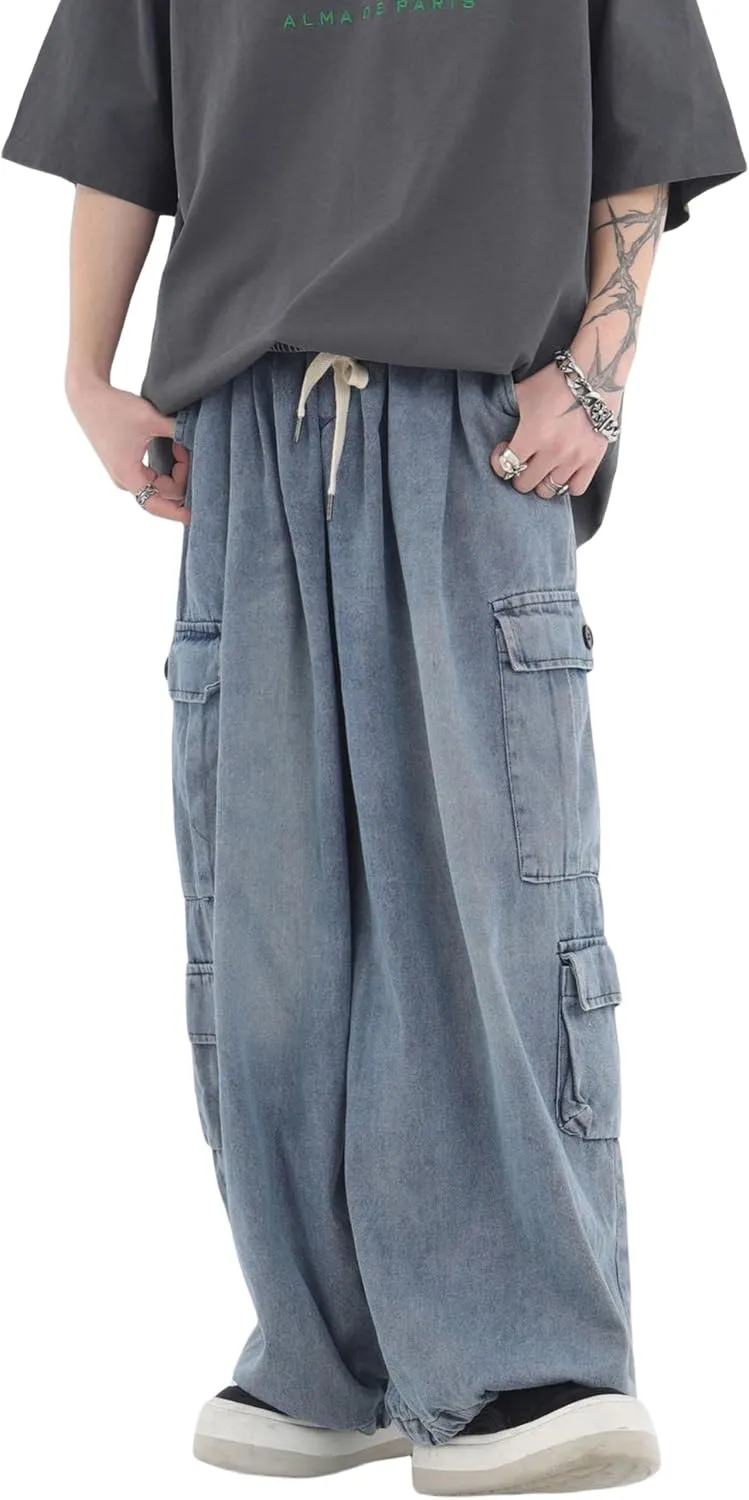 Mens Baggy Jeans Y2K Hip Hop Cargo Pants Harajuku Wide Leg Demin Joggers Emo Alt Streetwear Jeans