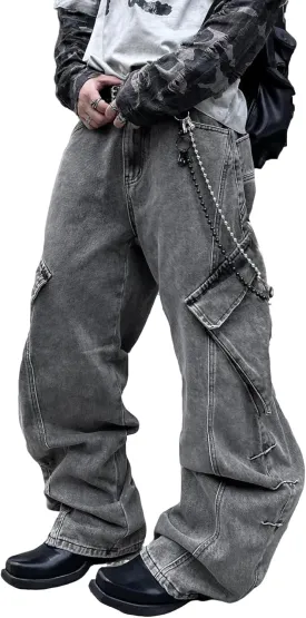 Mens Goth Baggy Cargo Jeans with Pockets Steampunk Patchwork Embroidery Wide Leg Denim Pants