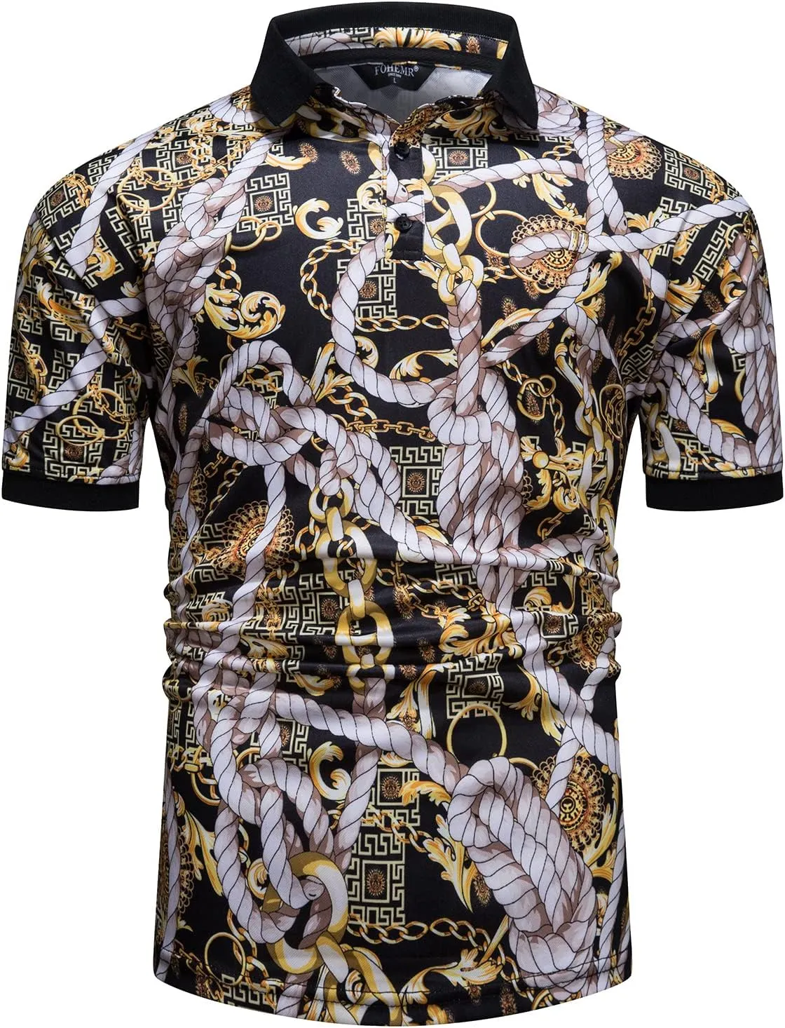 Mens Luxury Polo Shirts Black Gold Short Sleeve Baroque Chain Print Casual Wicking Golf Flower T-Shirt