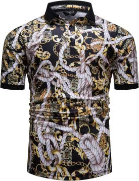 Mens Luxury Polo Shirts Black Gold Short Sleeve Baroque Chain Print Casual Wicking Golf Flower T-Shirt