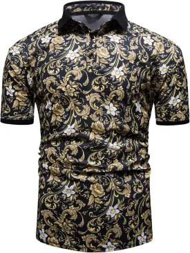 Mens Luxury Polo Shirts Black Gold Short Sleeve Baroque Chain Print Casual Wicking Golf Flower T-Shirt